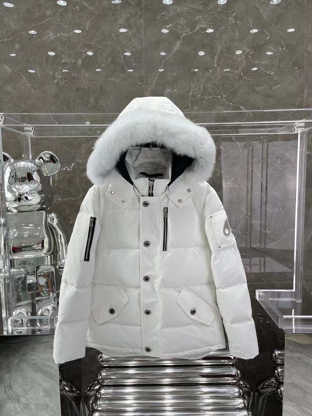 Moose K Fur-Trim Hooded Puffer Jacket with Front Zip