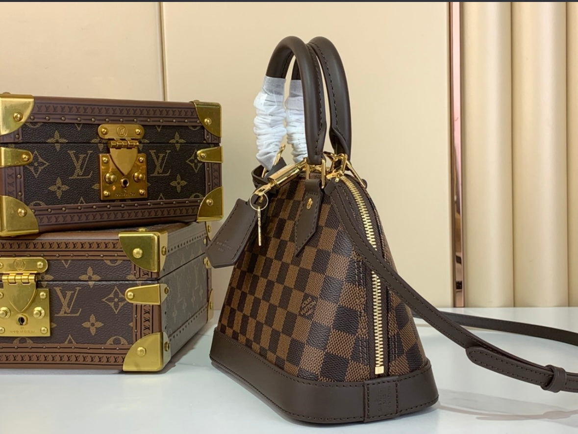 Structured Checkered Dome Handbag with Top Handles, Padlock Detail & Detachable Straps