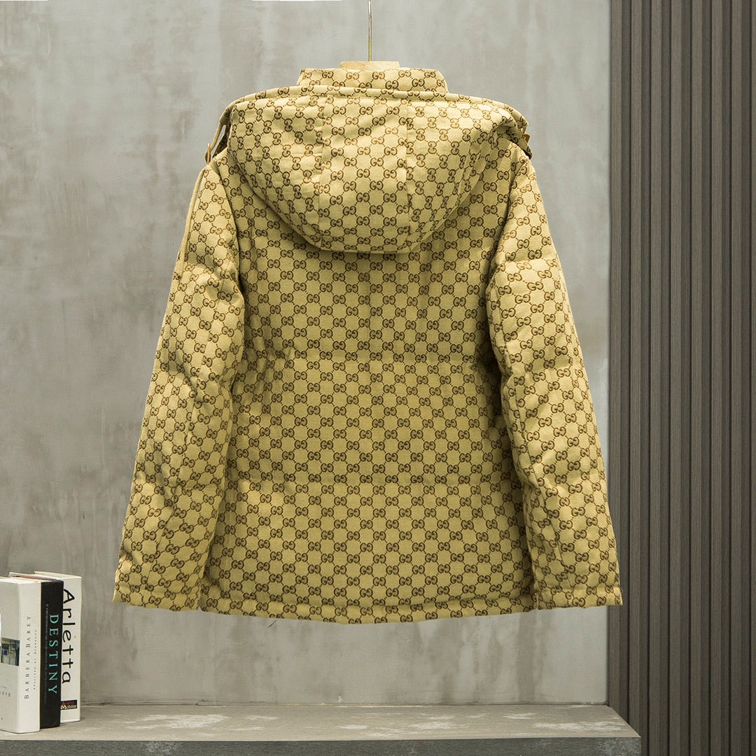 Monogram Hooded Jacket with Front Pockets & Button-Up Fastening